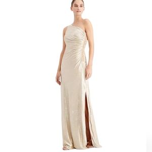 Calvin Klein One Shoulder Ruched Metallic Gown. 10